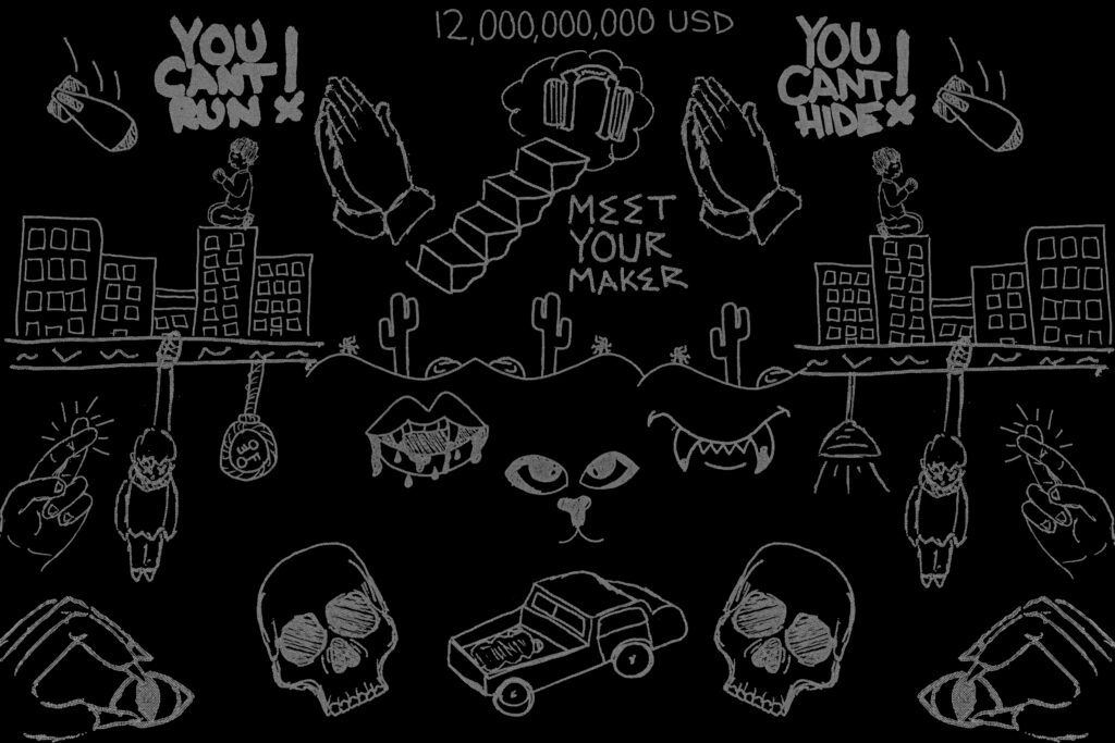 black image with white drawings depicting skulls, praying children, prayer hands, and a hanging person.